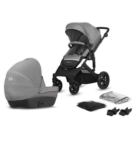 Paráfrasis: Carrito de bebé Kinderkraft modelo PRIME LITE, que incluye una silla de paseo y un capazo, en color gris.