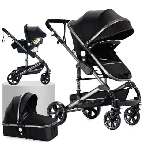 3 en 1 Silla de Paseo y Cochecito de Bebé con Capazo para Recién Nacido y Carrito de Viaje Portátil y Plegable de Lujo Real, color negro 739.