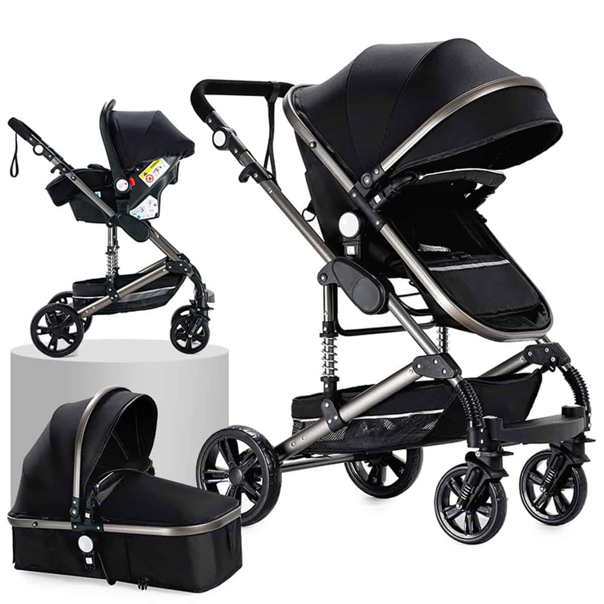 Sistema de Viaje 3 en 1 Carrito con Capazo Cochecito de Bebé 3 en 1 Silla de Paseo para Recién Nacido Cochecito de Viaje Portátil Plegable con Paisaje Alto de Lujo Real (739 Black)