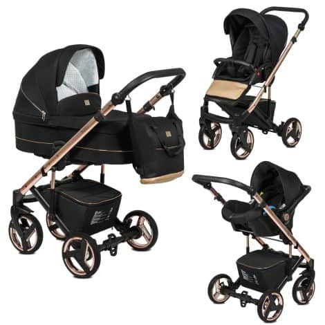 Cochecito todo en uno Trio 3 en 1 Edición Exclusiva Neri RoseGold – Negro/Oro rosado – Cochecito para pasear con asiento de auto grupo 0+ – Incluye complementos.