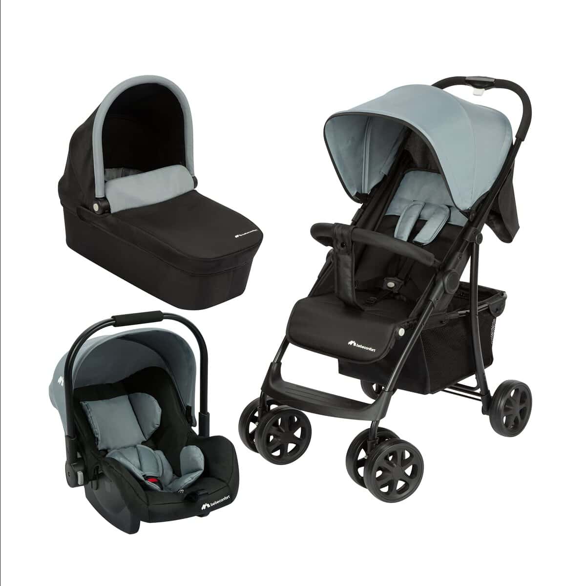 Bebeconfort Roadeo Trio, sistema de viaje con silla paseo reclinable y plegable, capazo, silla coche bebe 0-13 kg grupo 0+, para niños de 0 a 4 años hasta 22 kg, color gris