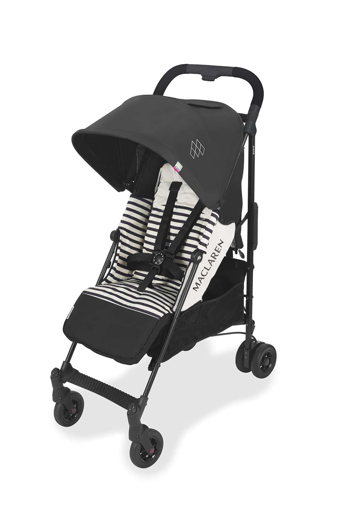 Maclaren Quest Arc silla de paseo tipo paraguas compacto y ligero, Para niños de recién nacidos hasta 25 kg, capota extensible con factor UPF 50+, asiento reclinable, Incluye protector para la lluvia Negro/Blanco Raya