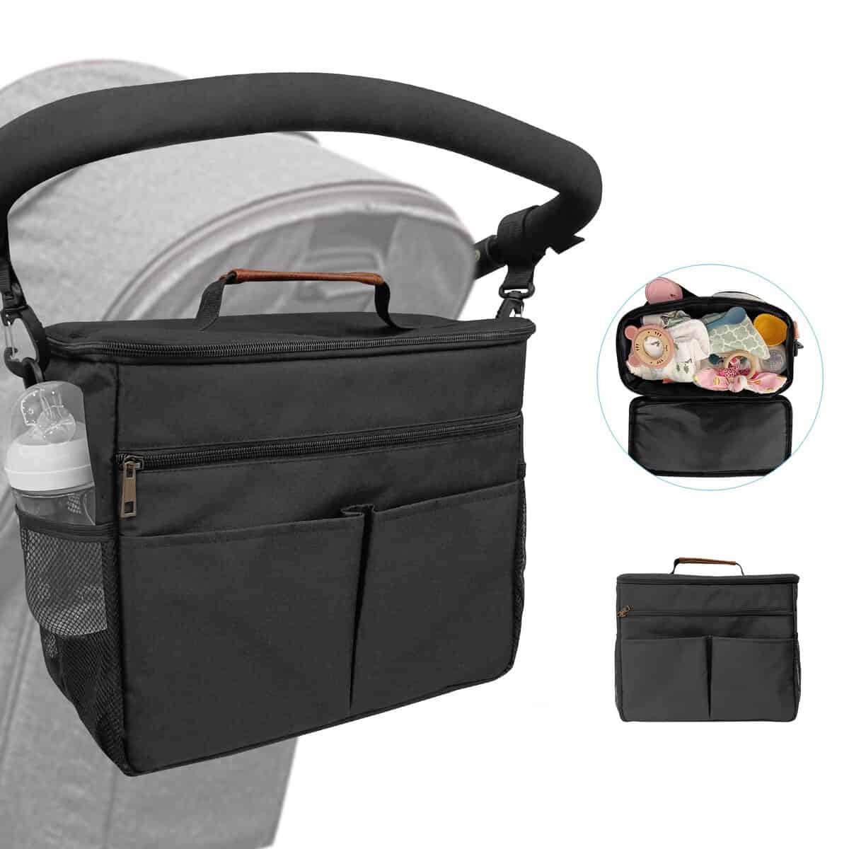 Bolsa Organizadora de Cochecitos para Mamá,Bolsa Carrito Bebe Súper Liviana, Multifuncional de Gran Capacidad para Almacenar (Negro 12L)