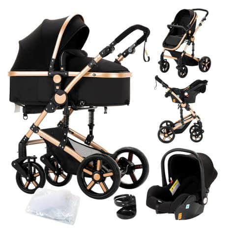 Sistema de Transporte 3 en 1 Carrito con Capazo Reversible Cochecito de Bebé Carrito Estándar para Niños Portátil Silla de Paseo Plegable de Lujo Conjunto de Carrito Bebé 3 Piezas Vista Elevada (588 Negro Oro) Black Gold 588.