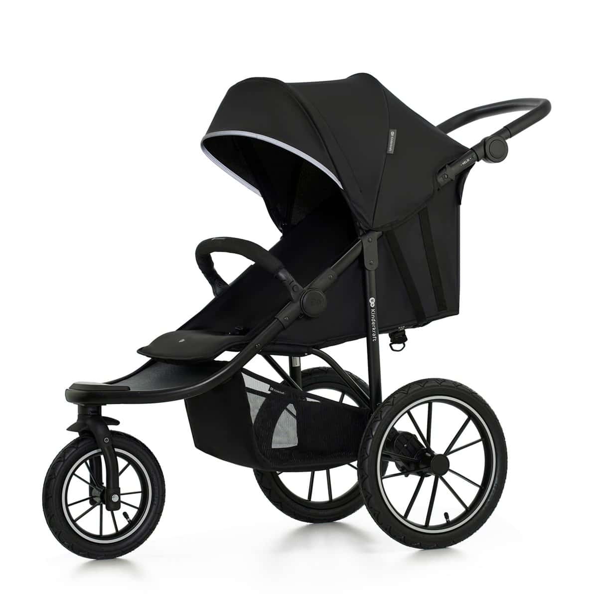 Kinderkraft HELSI, Jogger, Silla de Paseo, Para Bebés, Carrito Deportivo, 3 Ruedas, Desde el Nacimiento hasta 22 Kg, Rueads Neumaticas, Off Road, Cesta Grande, Negro Black