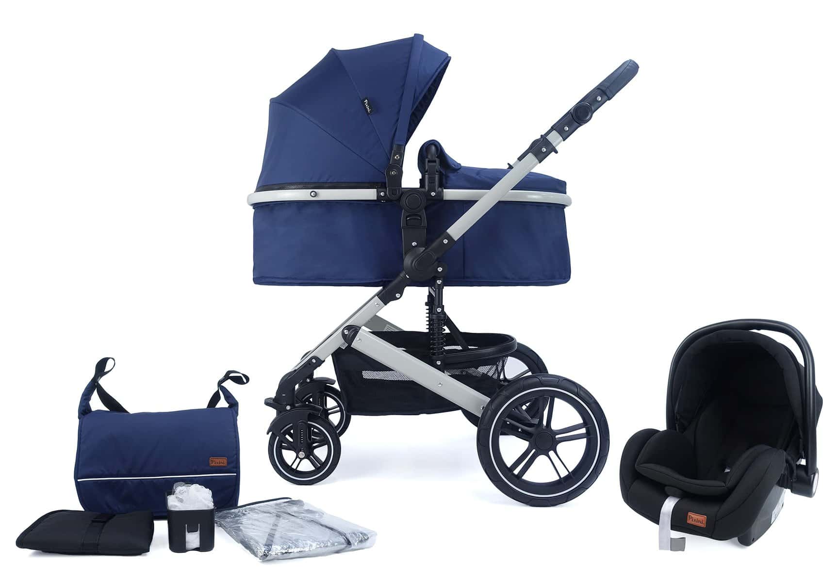 Pixini Poussette 3 en 1 Neyla, Trio, Enfant, Siège Auto, Accessoires (Gris/Azul)