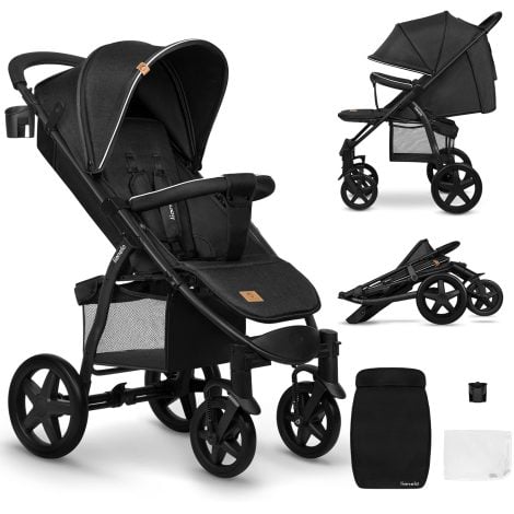 LIONELO Annet – Silla plegable para niños hasta 22 kg, ajuste del respaldo hasta posición horizontal, capucha XXL con ventana, color negro carbón, estándar.