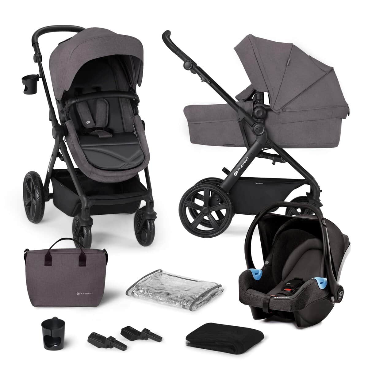 Kinderkraft A-TOUR Carrito Bebé 3 Piezas, 3 en 1 Capazo, Silla Paseo, Para Bebe, Silla Coche, Silla Ligera, Accesorios, Adaptadores Incluidos, Hasta 26 Kg, Gris Oscuro