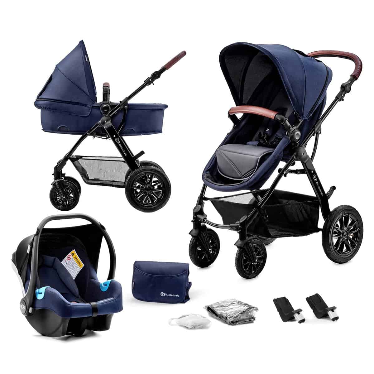 kk Kinderkraft MOOV Carrito bebé 3 Piezas, Carro, Carrito bebé 3 en 1, Silla Paseo, Sistema de viaje, Silla coche, Plegable, Con accesorios, Góndola, Adaptateurs, 22 kg, Azul Azul MOOV + Silla de Coche