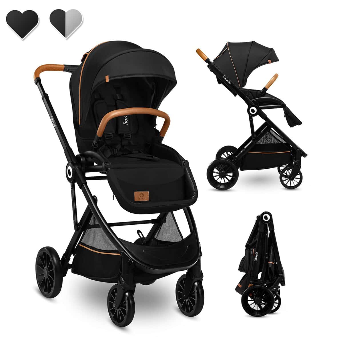 Lionelo Cochecito de paseo Dani hasta 15 kg de asiento orientado hacia adelante y hacia atrás, ruedas de espuma EVA con mango ajustable, cubierta del saco (negro)