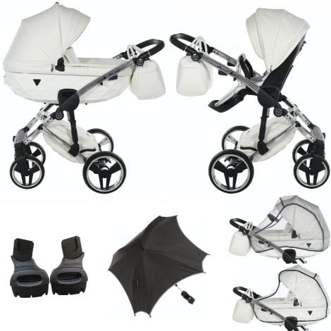 ¡Novedoso! Cochecito combinado 2 en 1 Junama Diamond Fluo Individual V3 con sistemas modulares + Adaptadores exclusivos de cochecitos Original Prams (15 Blanco Plata)