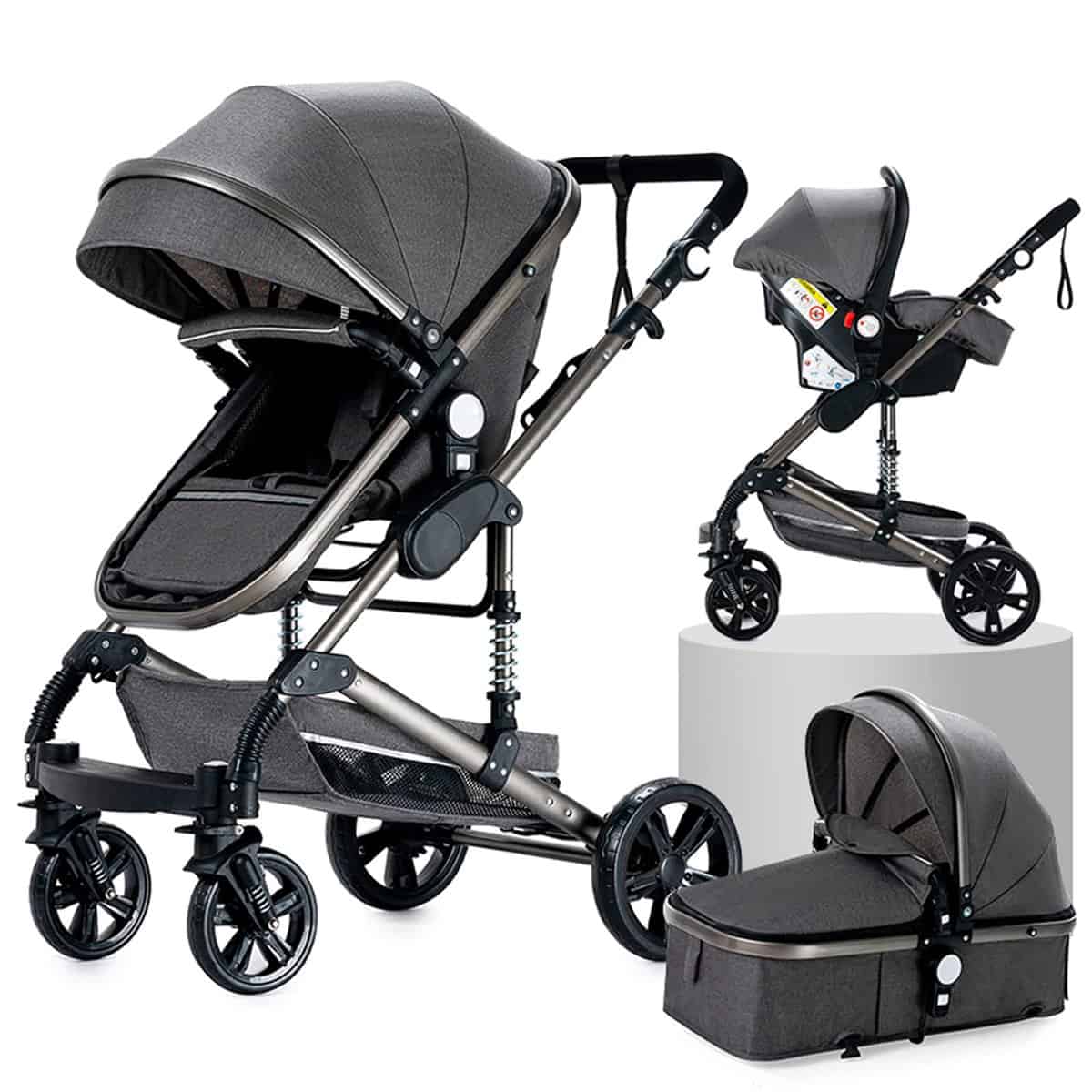 3 en 1 Sistema de Viaje Para Bebé 3 en 1 Reclinable Silla de Paseo Carrito con Capazo Cochecito de Bebé Cochecito de Paisaje Alto Cochecito Estándar Plegable de Recién Nacido (739 Grey) grey 739