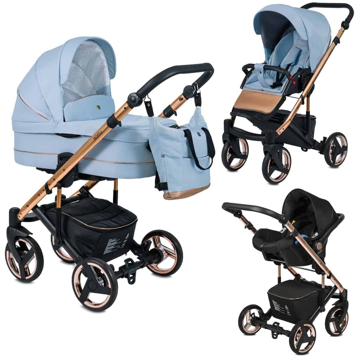 Cochecito Combinado Trio 3 en 1 Neri Edition Exclusive RoseGold"Summer Sky" Azul Pastel  Cochecito de paseo, asiento de coche Grupo 0+  Con sus accesorios.