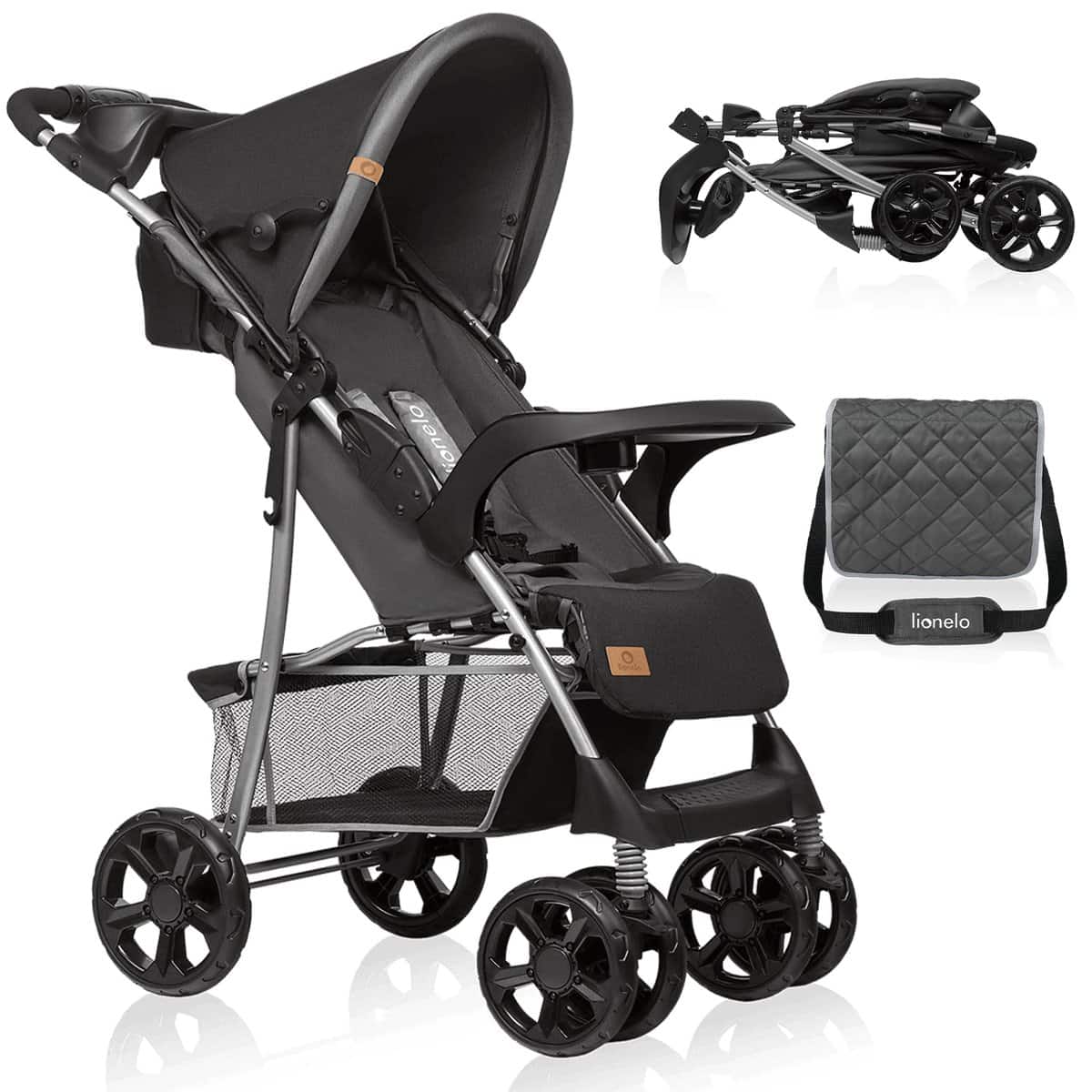 LIONELO Emma Plus Silla de paseo hasta 15 kg 6-36M Respaldo ajustable Cinturón de seguridad de 5 puntos Capucha profunda Organizador para padres Stone.