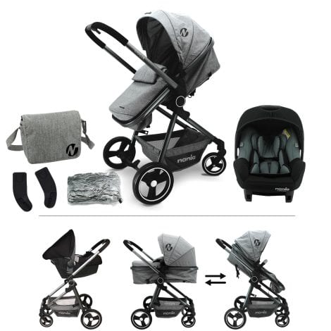 Nania GIULIA – Set de viaje completo para bebés, desde recién nacidos hasta los 36 meses, con sistema de plegado y reclinado + Asiento de auto BEONE i-Size para bebés de 40 a 85 cm – Grupo 0+ (0 a 13 Kg) – con respaldo de carretera + Bolsa para cambiar pañales y cubierta protectora para la lluvia.