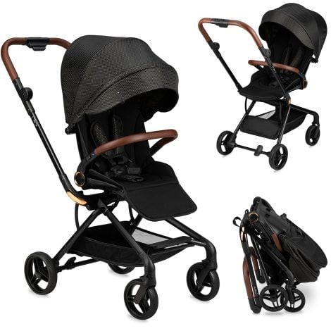 Silla de paseo MoMi ADELLE para niños mayores de 6 meses (hasta 22 kg), silla de paseo plegable con asiento giratorio de 360° y sistema de seguridad de 5 puntos, compartimento para compras y asa para transportarla en color negro y dorado.