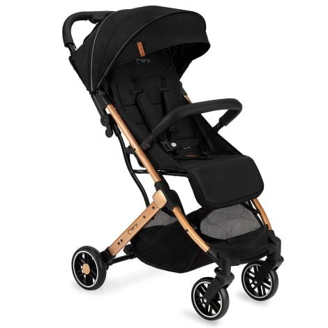 MoMi ESTELLE para bebés a partir de los 6 meses (hasta 15 kg), carrito plegable con un sistema de seguridad de arnés de 5 puntos, espacio para almacenar compras, manija telescópica y capacidad para mantenerse de pie mientras está plegado en color negro y dorado.