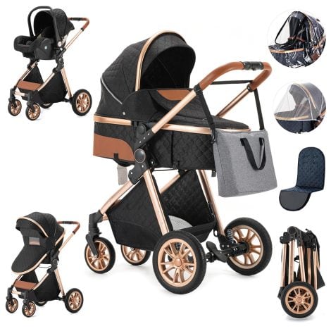 Zkiprm Trío de Carrito Bebé 3 en 1, Carrito Bebé Portátil y Plegable con Sistema de Cierre Rápido, Combinación de Carro Bebé con Silla de Coche y Capazo Giratorio, Marco de Aluminio de Alta Calidad en Paisaje Conjunto, Carrito de Bebé blackgold.