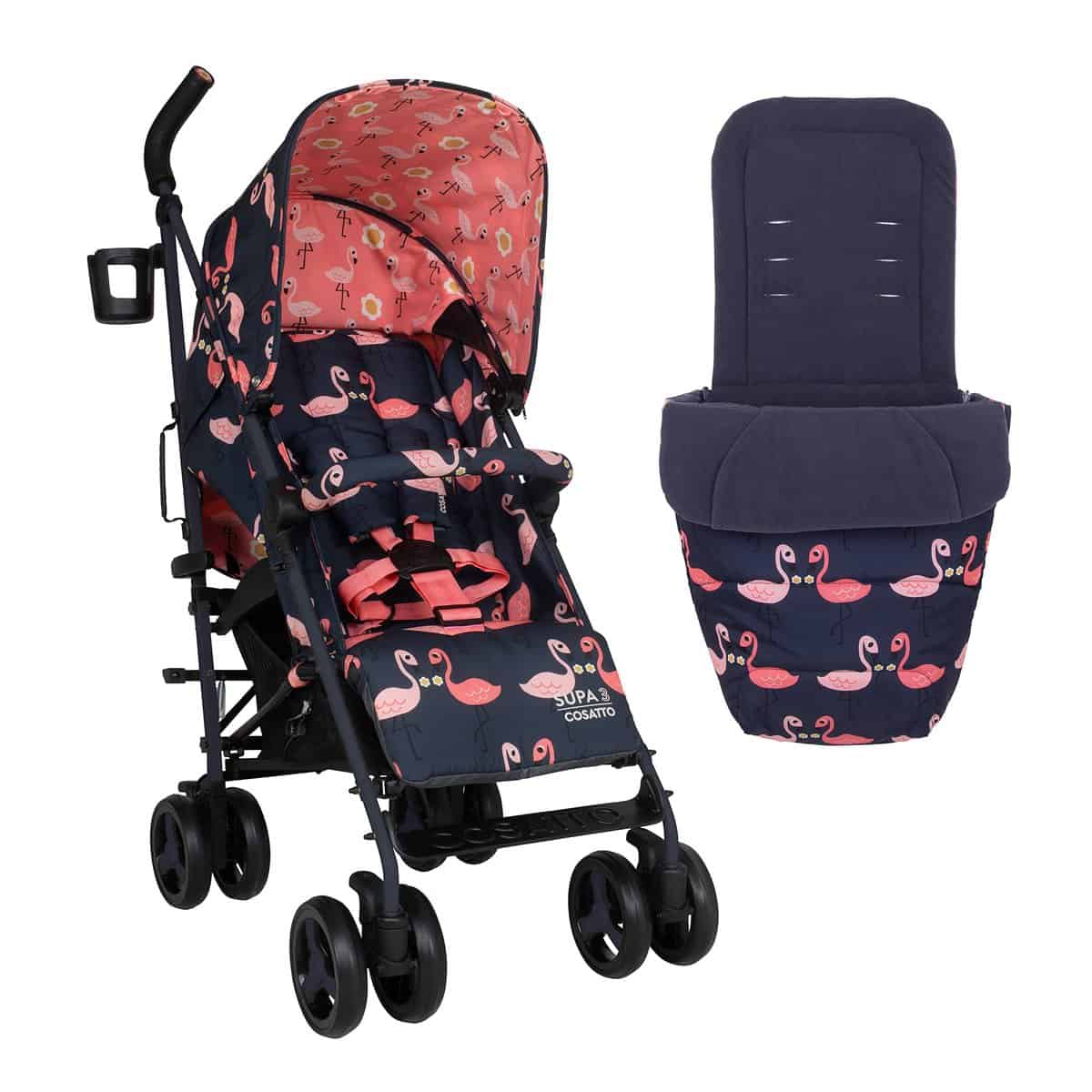 COSATTO Supa 3 - Silla de paseo ligera, apta desde el nacimiento hasta los 25 kg, Plegado compacto, cesta grande y saco incluido, Estampado Pretty Flamingo