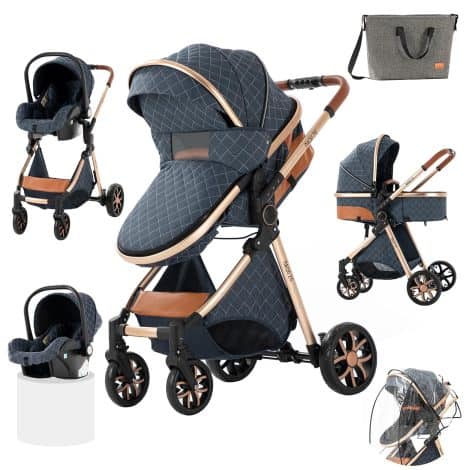 Silla de paseo y carrito de bebé todo en uno con capazo convertible y cochecito de recién nacido, ideal para viajar. Este cochecito portátil y plegable ofrece un paisaje alto de lujo real en color azul.