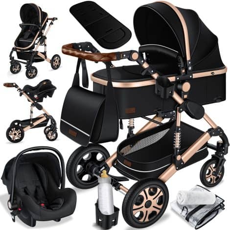 Juego de cochecito KESSER® Loops 3 en 1, completo con asiento deportivo para bañera y silla de paseo, ruedas de caucho sólido, bolso cambiador, color negro/champán.