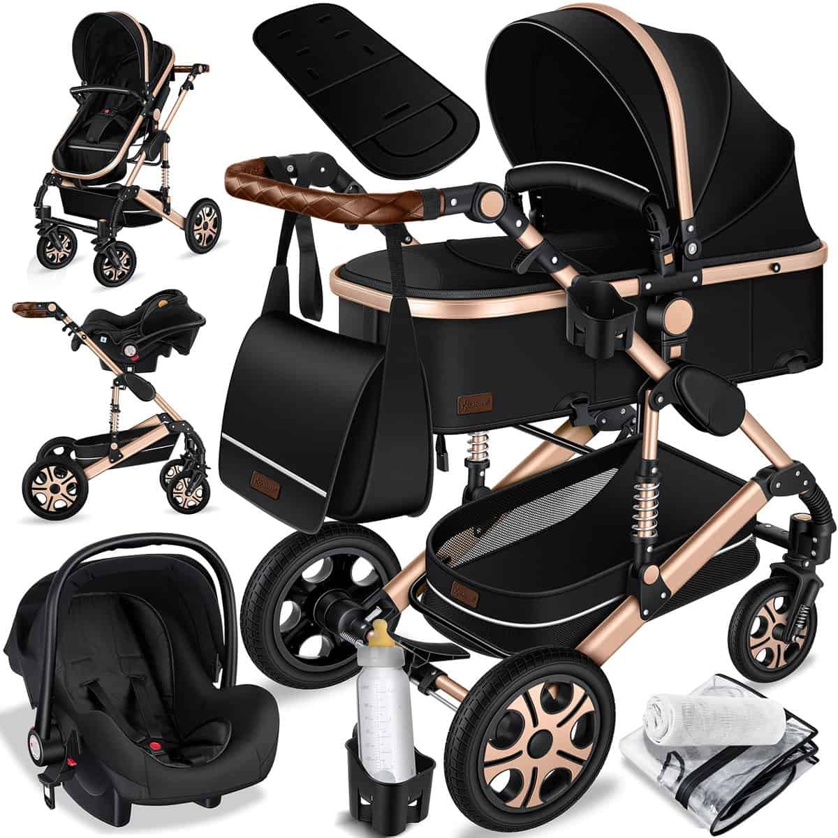 KESSER® Loops 3 in 1 Stroller combo juego completo de sillas de paseo incl. Asiento deportivo para bañera y silla de paseo, neumáticos de caucho macizo, bolso cambiador, negro/Champagne Schwarz / Champagne