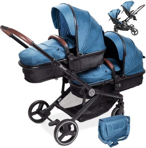 babyGO Carrito convertible 3 en 1 para mellizos  Carrito de hermanos para bebés  Carrito gemelar/cochecito doble para 2 niños con numerosos complementos (azul jaspeado sin capazo) Blau-ohne Babyschale