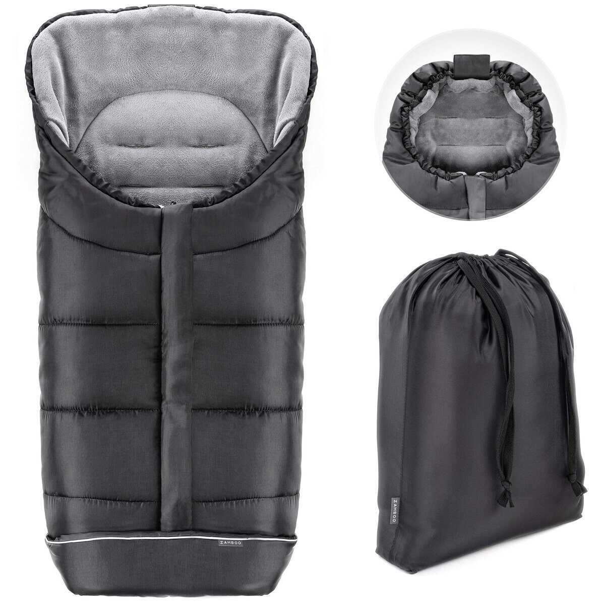 ZAMBOO Saco Silla Paseo Universal Invierno, Sacos de Silla de Bebe con Forro Polar térmico, Saco Bebe Invierno con Capucha, Reflectores y Bolsa - Negro